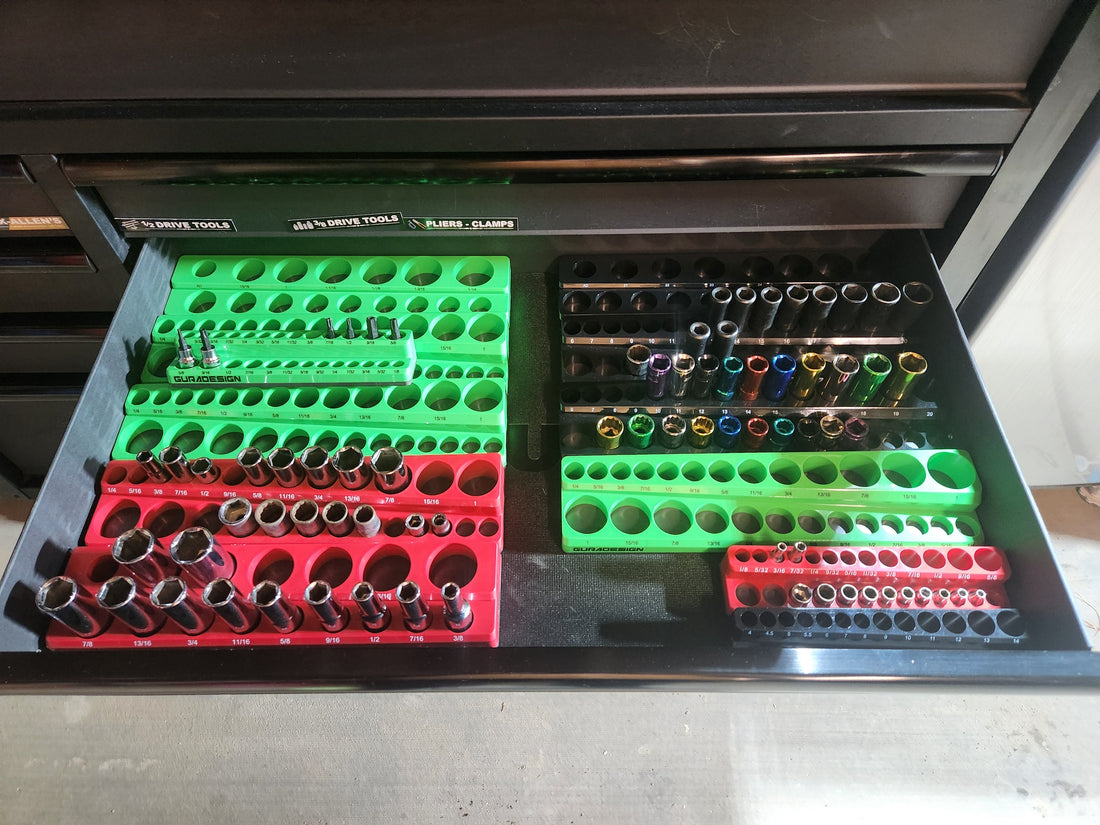 Magnetic socket trays in a tool chest—SAE and metric sets arranged by drive size for easy access.