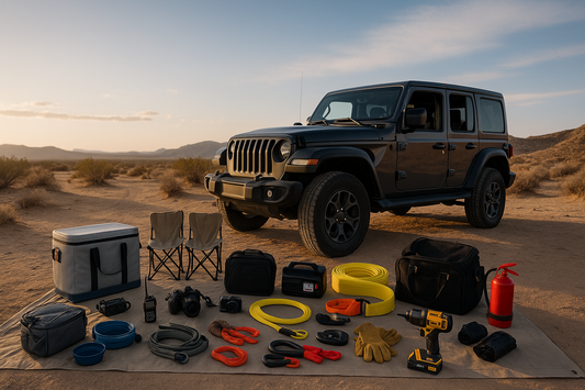 Jeep Wrangler JLU parked on a desert trail behind the gear loaded for an off road day on the trails