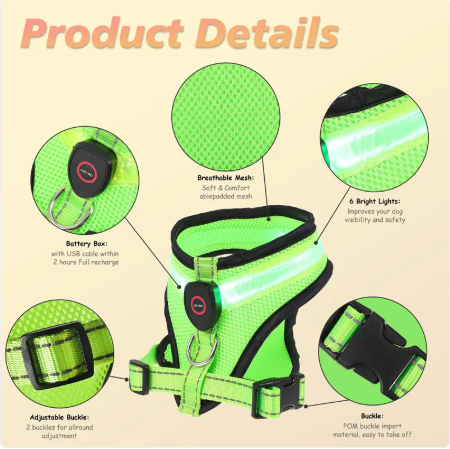 LED Light-Up Dog Harness – USB Rechargeable, Mesh